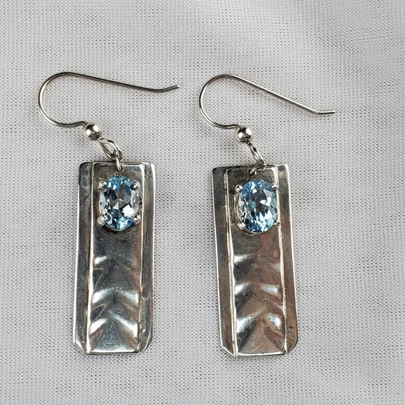 Hand Forged Sterling Silver Dangle Rectangle Earrings with Blue Topaz - Picture 2 of 13